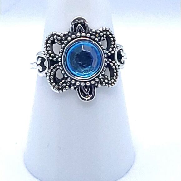 Aquamarine Blue Zircon Filagree Silver Ring Boho Stackable Blue Jeweled Jewelry - Picture 2 of 4